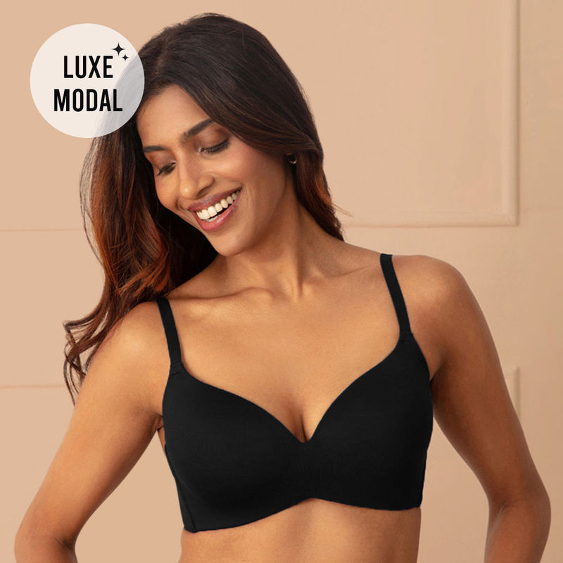 Nykd by Nykaa Super Soft Luxe Modal Padded Non Wired 3/4th Coverage T-Shirt Bra NYB013 Jet Black (34B)