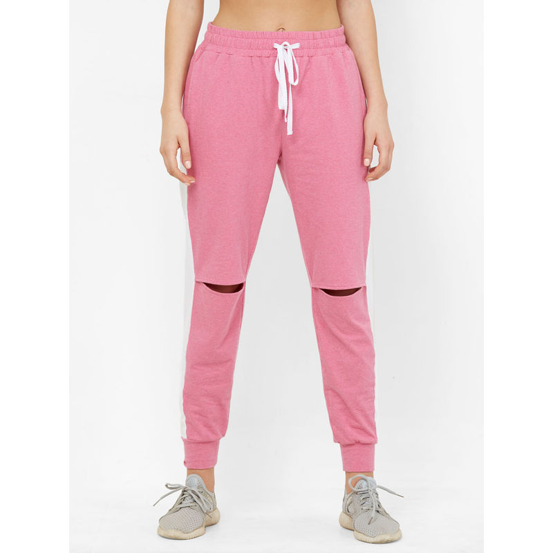 Mystere Paris Stylish Knee Slit Track Pants - Pink (XL)
