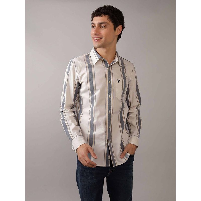 American Eagle Men Beige Ae Striped Slim Fit Oxford Button-Up Shirt (M)
