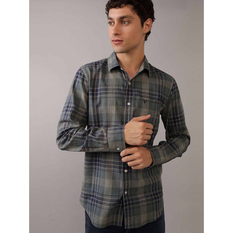 American Eagle Men Green Ae Slim Fit Everyday Plaid Linen-Blend Button-Up Shirt (XS)