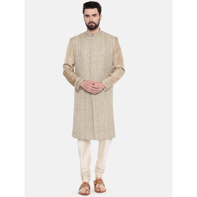 MAYANK MODI Beige Embroidered Sherwani with Pyjama (S)