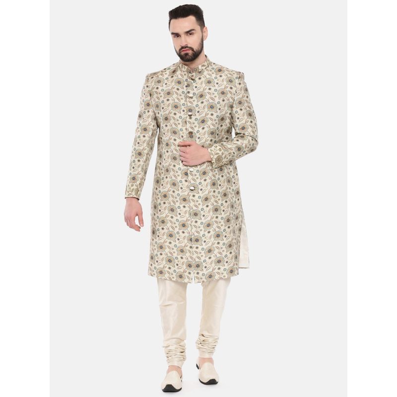 MAYANK MODI Beige Floral Sherwani with Pyjama (S)