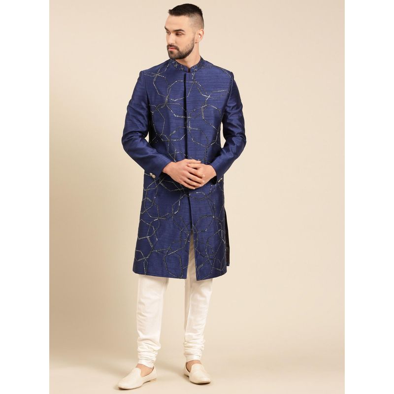 MAYANK MODI Blue Embroidered Sherwani with Pyjama (S)
