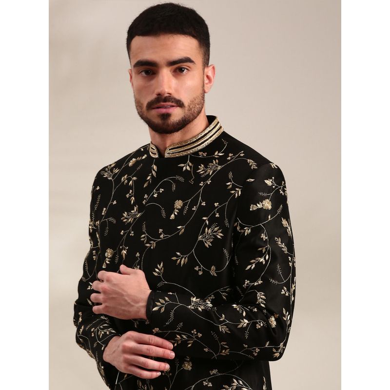 MAYANK MODI Black Floral Sherwani with Pyjama (S)