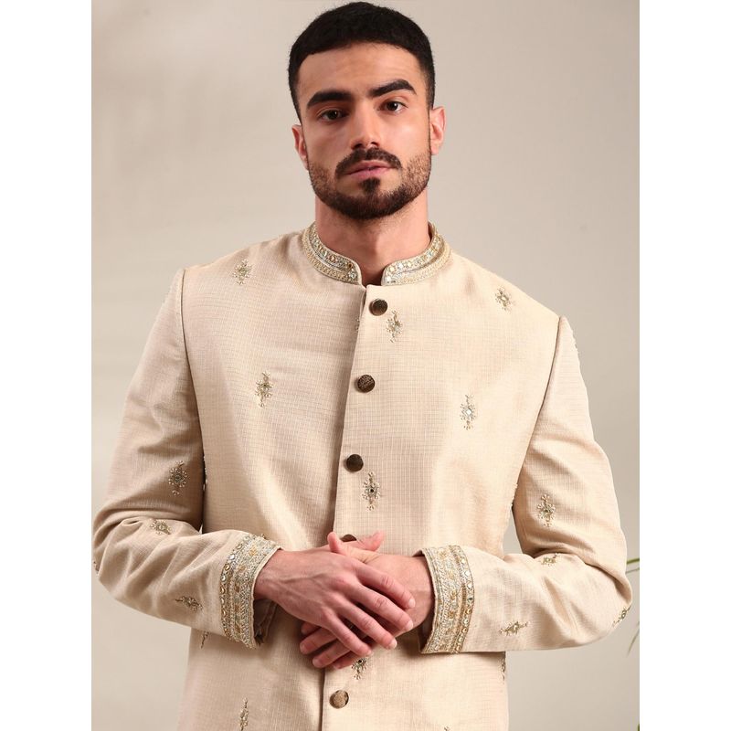 MAYANK MODI Cream Embroidered Sherwani with Pyjama (S)