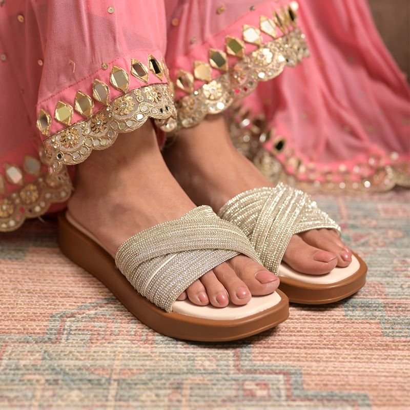 Coral Haze Silver Sandals with Multiple Rhinestone Straps (UK 5)