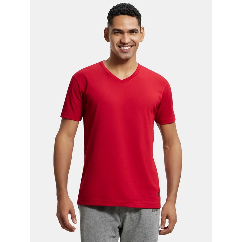 Jockey 2726 Men Super Combed Cotton Rich Solid V Neck T-Shirt - Shanghai Red (XL)