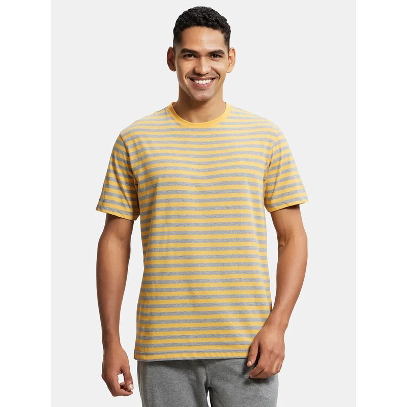 Jockey 2715 Men Cotton Rich Striped Round Neck T-Shirt - Burnt Gold & Grey (M)