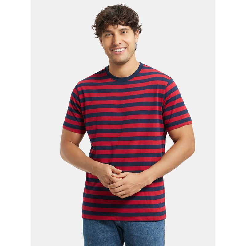 Jockey 2715 Men Cotton Rich Striped Round Neck T-Shirt - Navy & Shanghai Red (L)