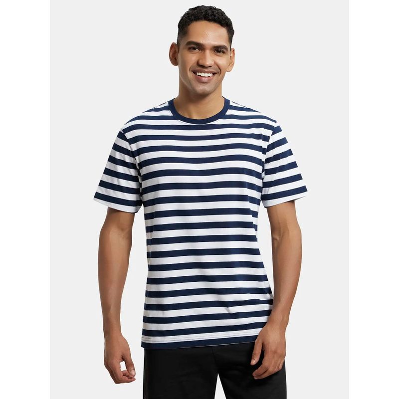 Jockey 2715 Men Cotton Rich Striped Round Neck T-Shirt - White & Navy (L)