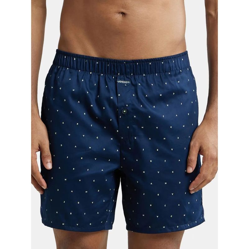 Jockey NY07 Men Super Combed Cotton Satin Weave Printed Boxer Shorts - Navy & Yellow (S)
