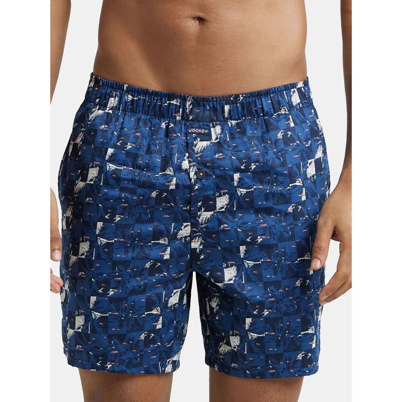 Jockey NY07 Mens Super Cotton Satin Weave Printed Boxer Shorts with Side Pocket-Blue (S)