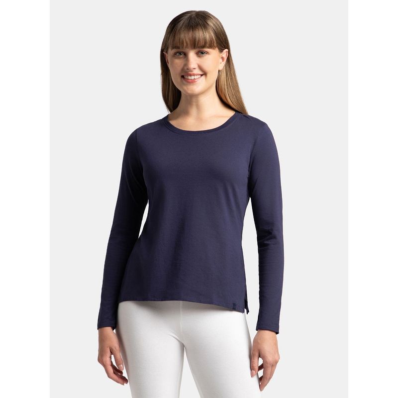 Jockey A140 Women's Cotton Rich Full Sleeve T-Shirt With Side Slit Hem Blue (S)