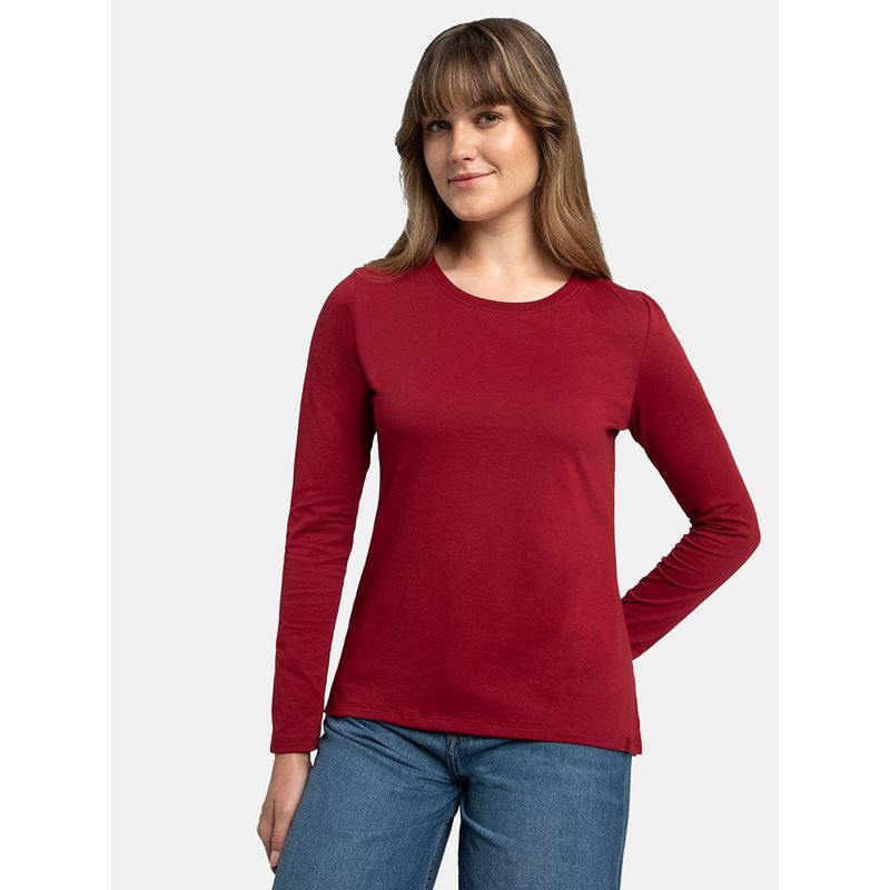 Jockey A140 Women's Cotton Rich Full Sleeve T-Shirt With Side Slit Hem Red (S)