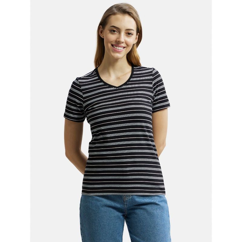 Jockey Aw22 Women's Cotton Elastane V Neck Stripe T-Shirt Black (XL)