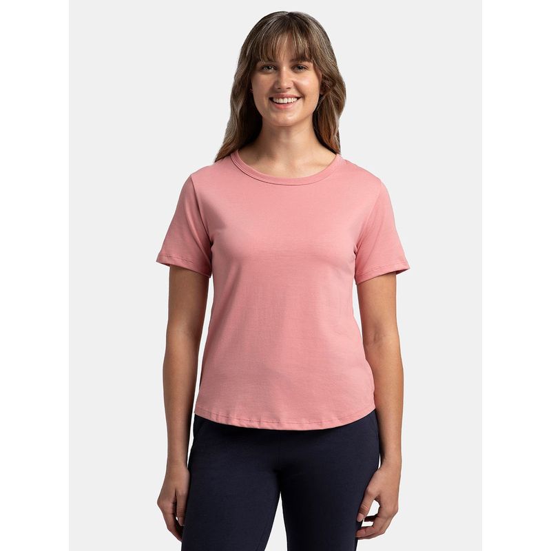 Jockey AW88 Women Cotton Rich Relaxed Fit Curved Hem Styled T-Shirt-Brandied Apricot (M)