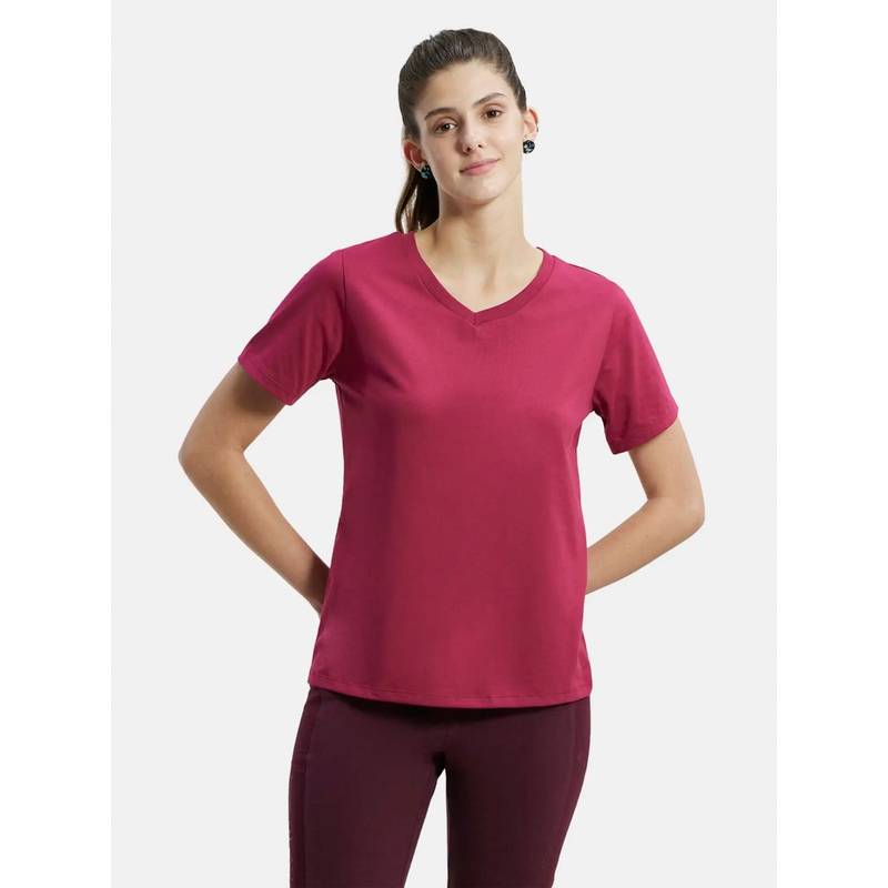 Jockey AW88 Women Cotton Rich Relaxed Fit Curved Hem Styled T-Shirt - Red Plum (L)