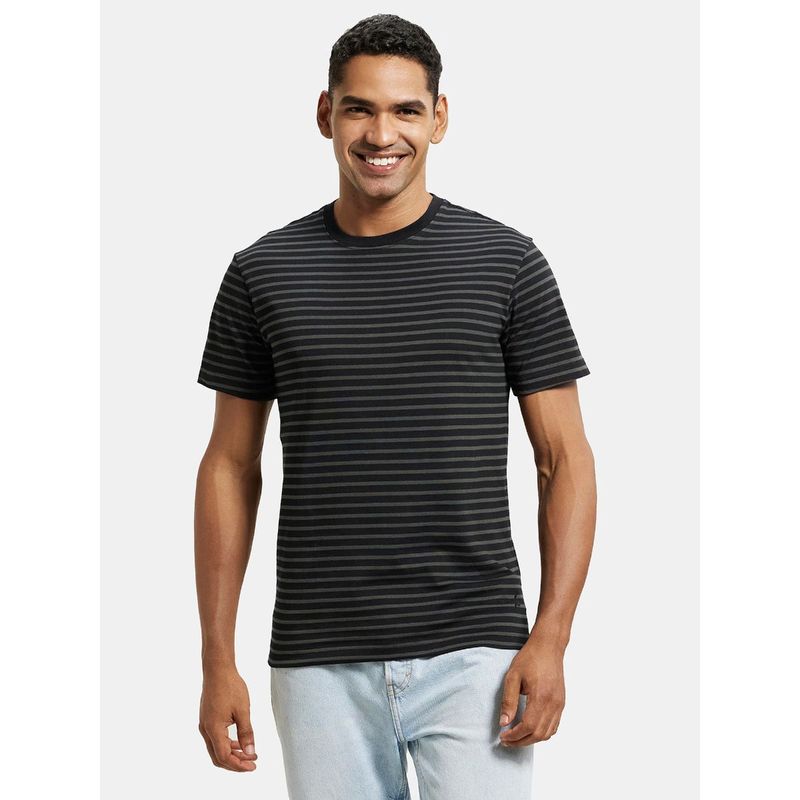 Jockey 2715 Super Combed Cotton Rich Striped Round Neck Half Sleeve T-Shirt Black & Olive (XL)