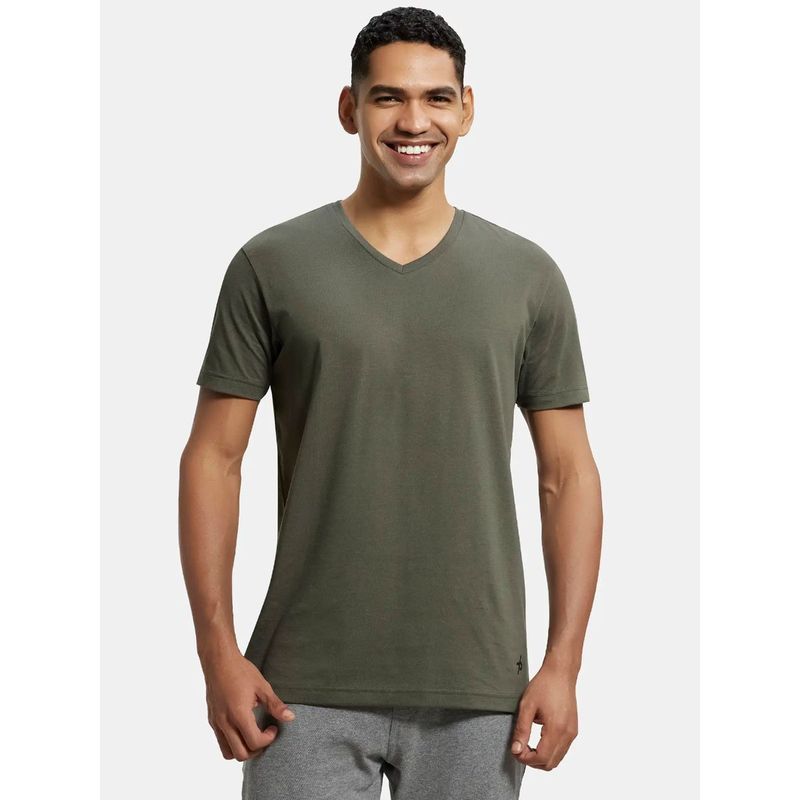 Jockey 2726 Mens Super Combed Cotton Rich Solid V Neck Half Sleeve T-Shirt Deep Olive (2XL)