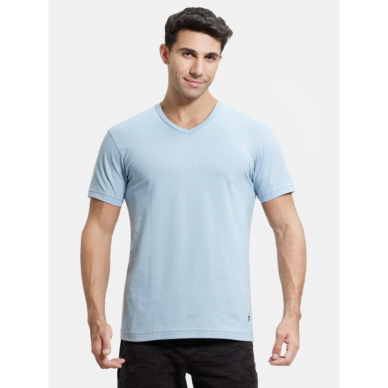 Jockey 2726 Mens Super Combed Cotton Rich Solid V Neck Half Sleeve T-Shirt Dusty Blue (S)