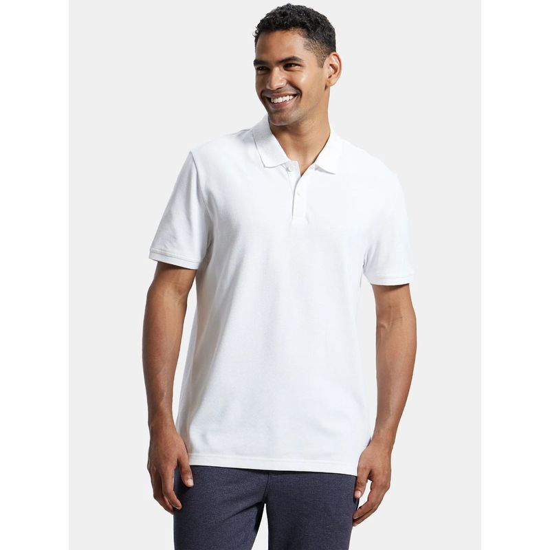 Jockey AM35 Men Super Combed Cotton Fabric Solid Polo T-Shirt - White (M)