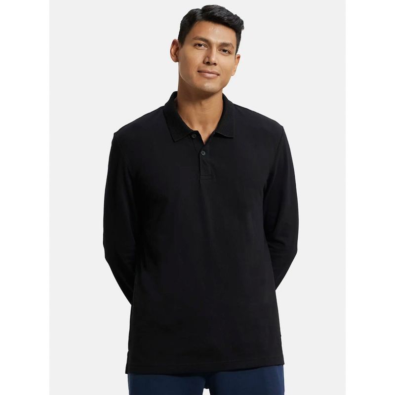 Jockey AM96 Mens Super Combed Cotton Rich Full Sleeve Polo T-Shirt with Ribbed Cuffs-Black (L)