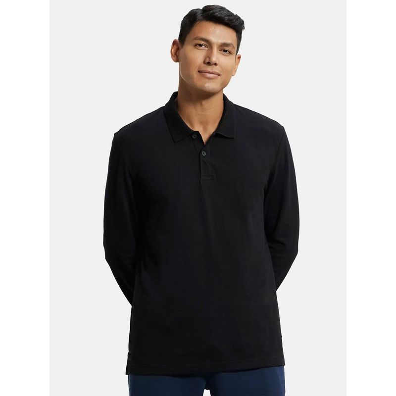 Jockey AM96 Men Cotton Rich Pique Fabric Solid Full Sleeve Polo T-Shirt - Black (L)