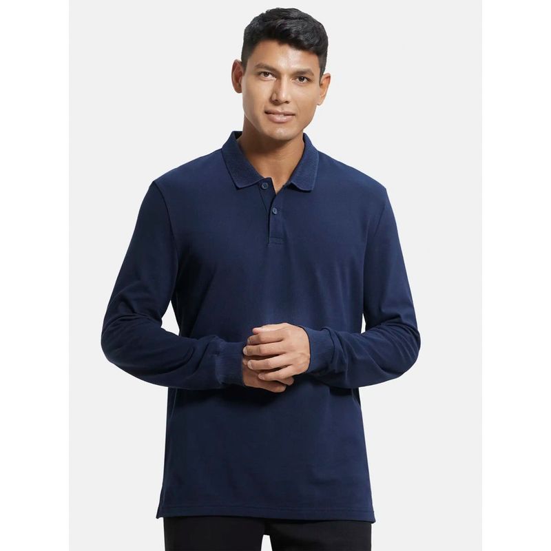 Jockey AM96 Mens Super Combed Cotton Rich Full Sleeve Polo T-Shirt with Ribbed Cuffs-Navy (M)