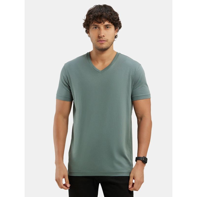 Jockey Men Super Combed Cotton Rich Solid V-Neck Half Sleeve T-Shirt Balsam Green (L)
