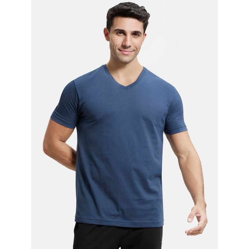 Jockey Men Super Combed Cotton Rich Solid V-Neck Half Sleeve T-Shirt Mid Night Navy (2XL)