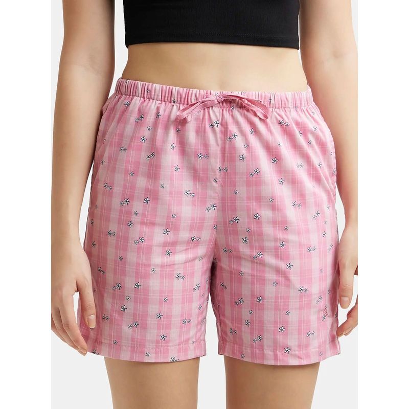 Jockey RX15 Womens Super Combed Cotton Woven Relaxed Fit Checkered Shorts-Wild Rose (S)
