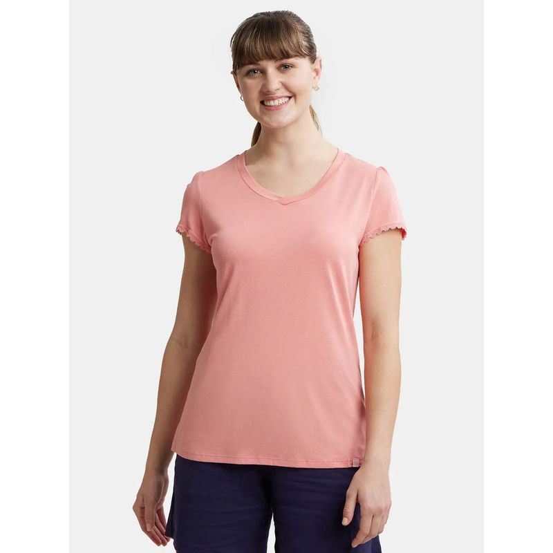 Jockey RX12 Womens Micro Modal Cotton Relaxed Fit Solid Round Neck T-Shirt - Wild Rose (S)