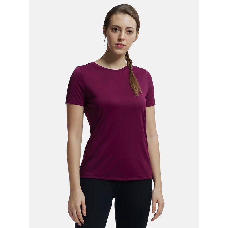 Jockey MW71 Women Microfiber Polyester Relaxed Fit Solid Round Neck T-Shirt-Grape Wine (XL)