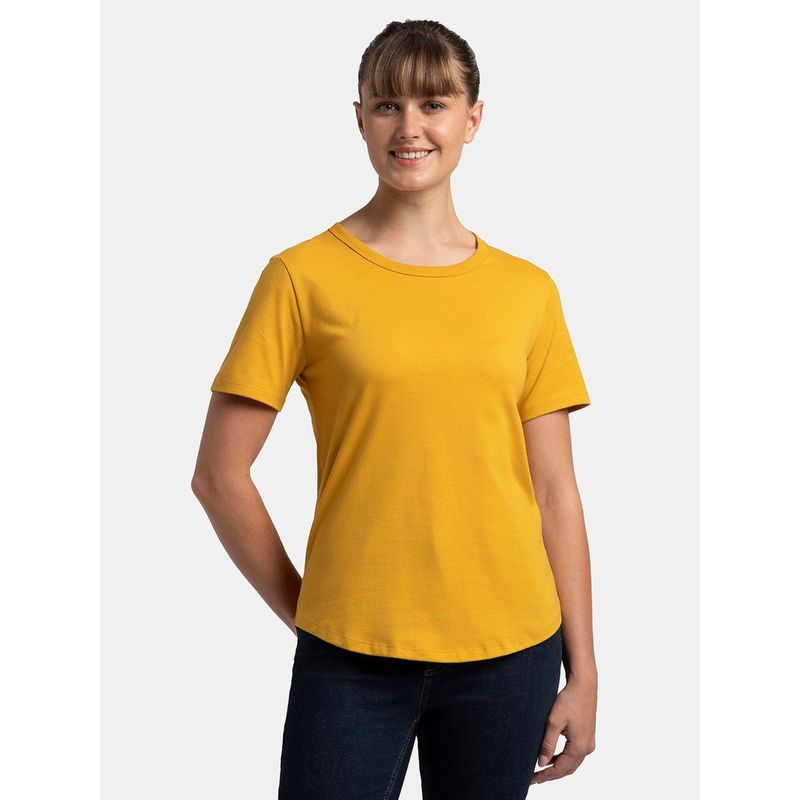 Jockey AW88 Women Cotton Rich Relaxed Fit Curved Hem Styled T-Shirt - Golden Spice (S)