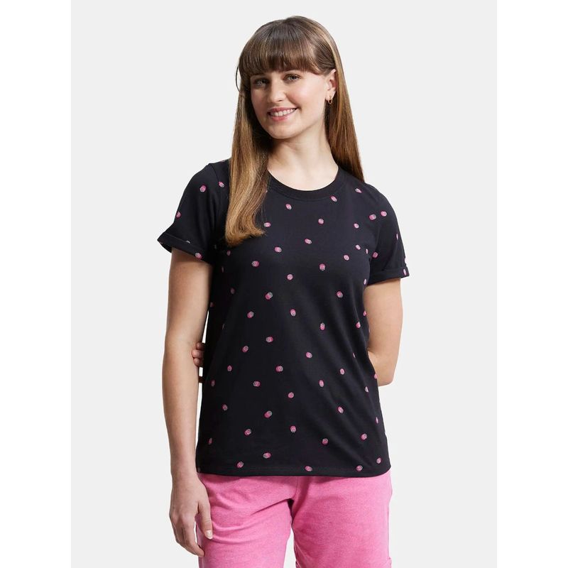 Jockey A144 Womens Cotton Printed Fabric Relaxed Fit T-Shirt - Black (L)
