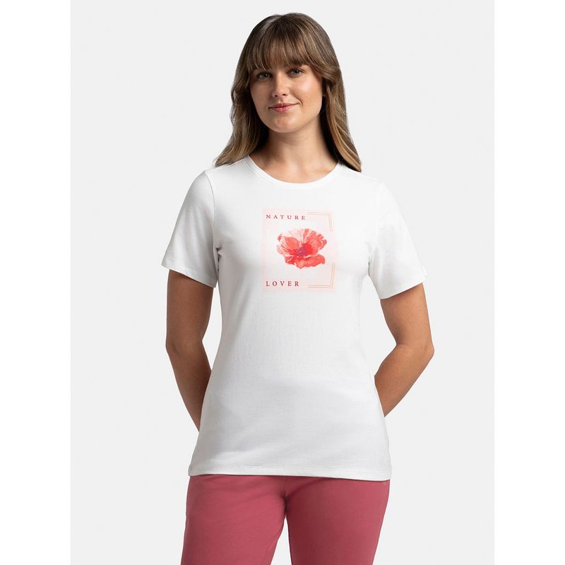 Jockey 1361 Women Super Combed Cotton Elastane Printed Round Neck T-Shirt - White (L)
