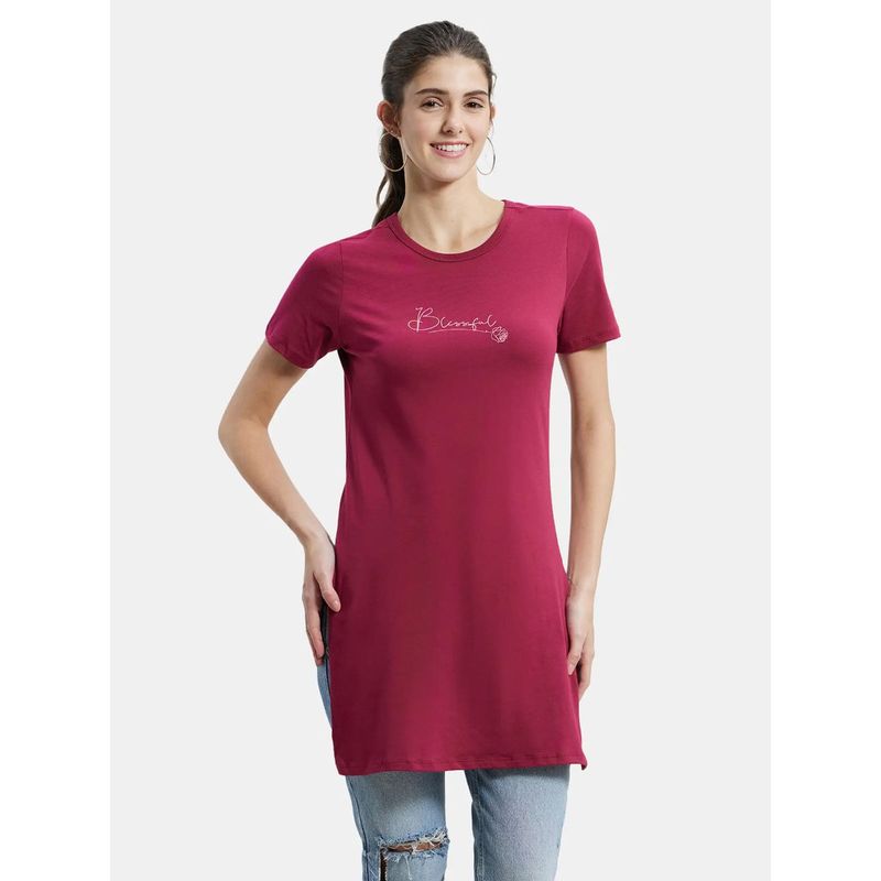 Jockey A142 Womens Cotton Printed Fabric Relaxed Fit Long length T-Shirt - Red Plum (XL)
