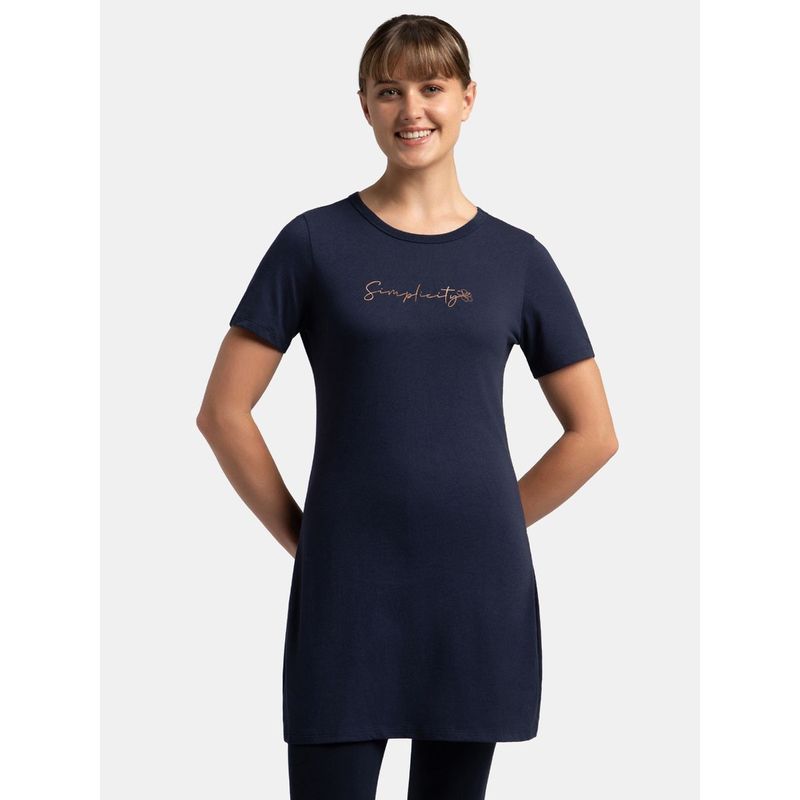 Jockey A142 Womens Cotton Printed Fabric Relaxed Fit Long length T-Shirt-Navy Blazer (M)