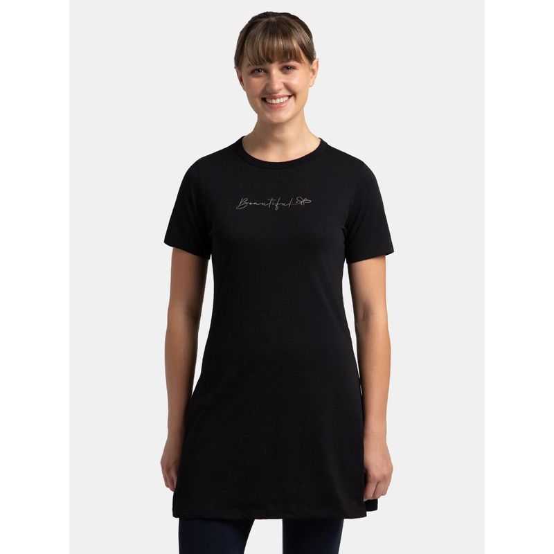 Jockey A142 Womens Cotton Printed Fabric Relaxed Fit Long length T-Shirt - Black (XL)