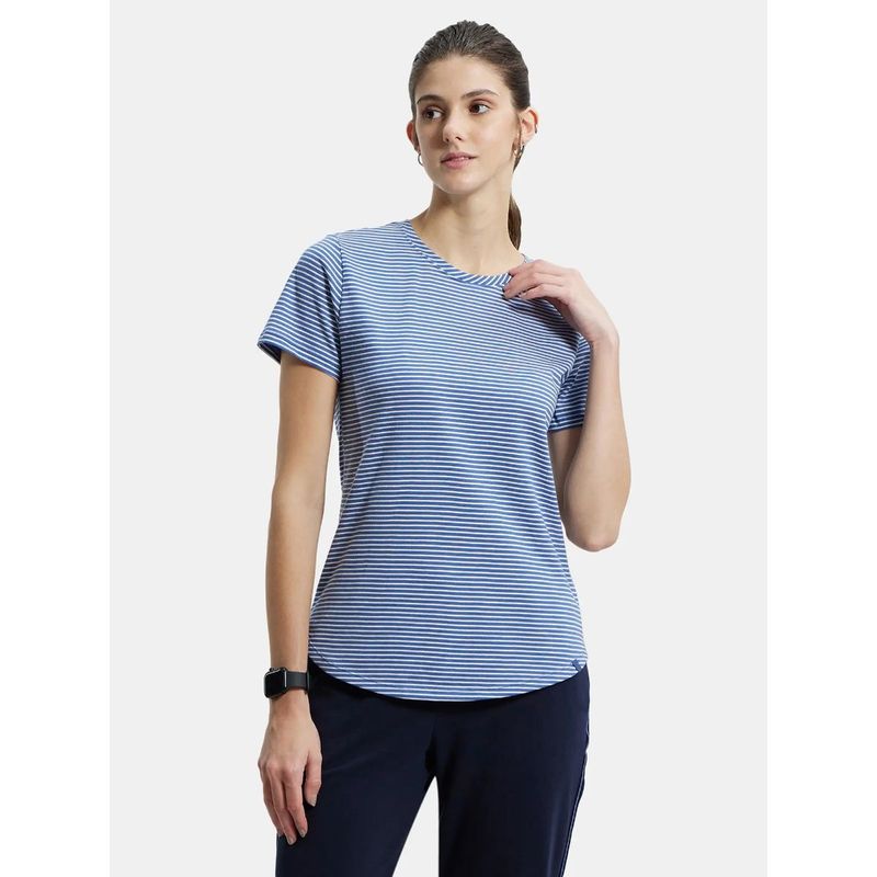 Jockey A121 Womens Cotton Stripe Fabric Relaxed Fit Half Sleeve T-Shirt - Topaz Blue (M)