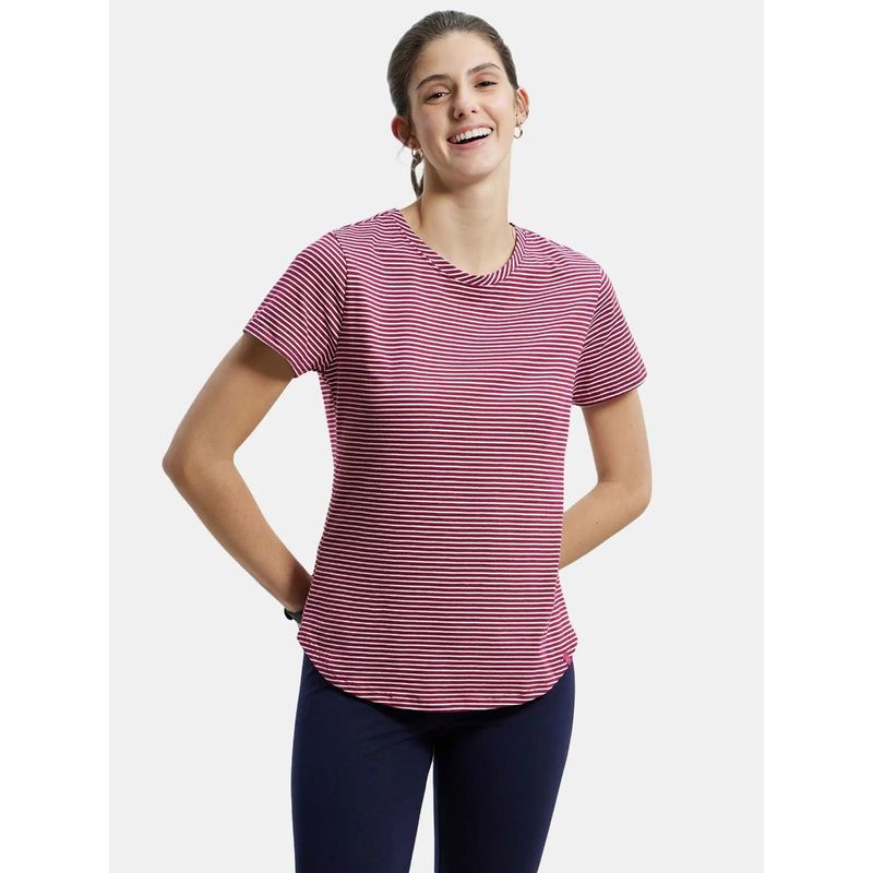 Jockey A121 Womens Cotton Stripe Fabric Relaxed Fit Half Sleeve T-Shirt - Red Plum (L)