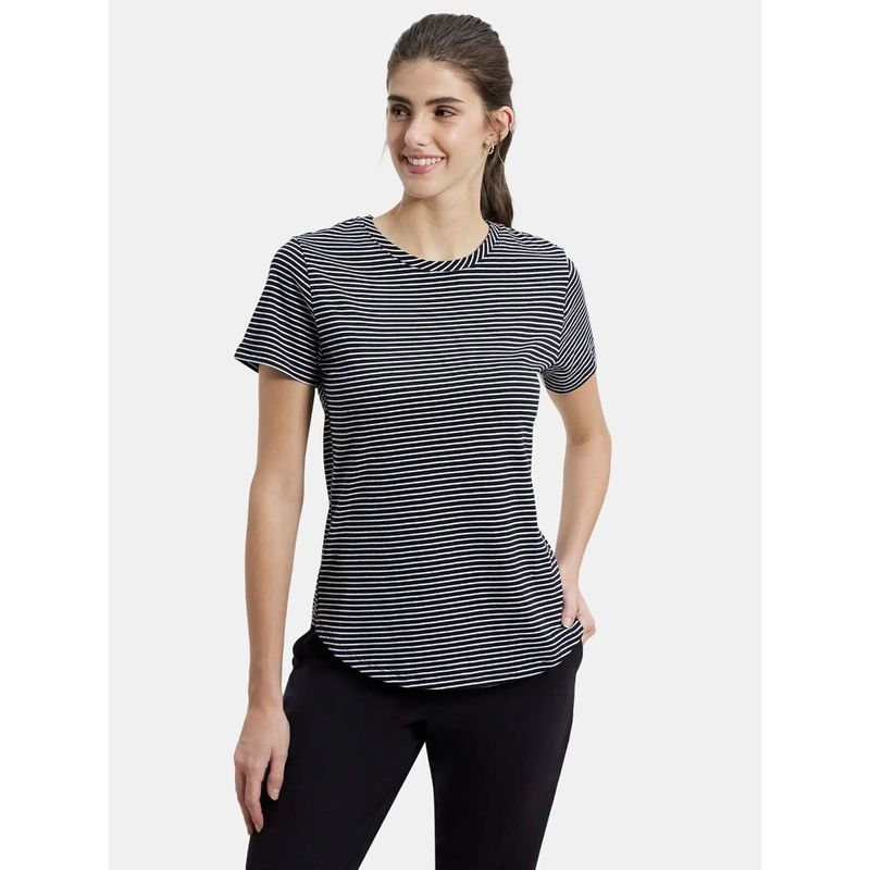Jockey A121 Womens Cotton Stripe Fabric Relaxed Fit Half Sleeve T-Shirt - Black (M)