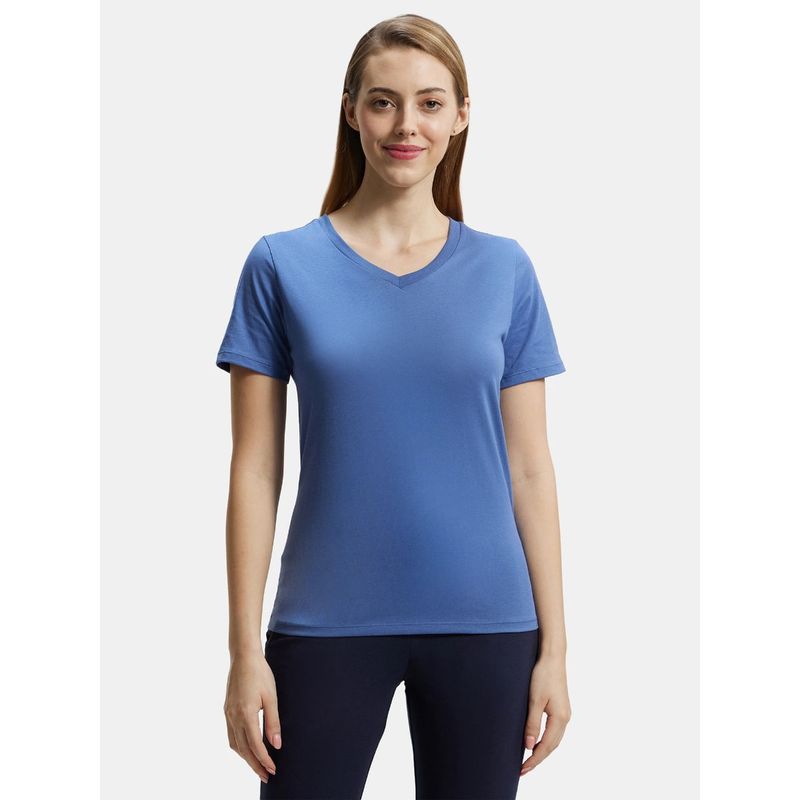 Jockey AW89 Womens Cotton Rich Relaxed Fit V-Neck T-Shirt - Topaz Blue (S)