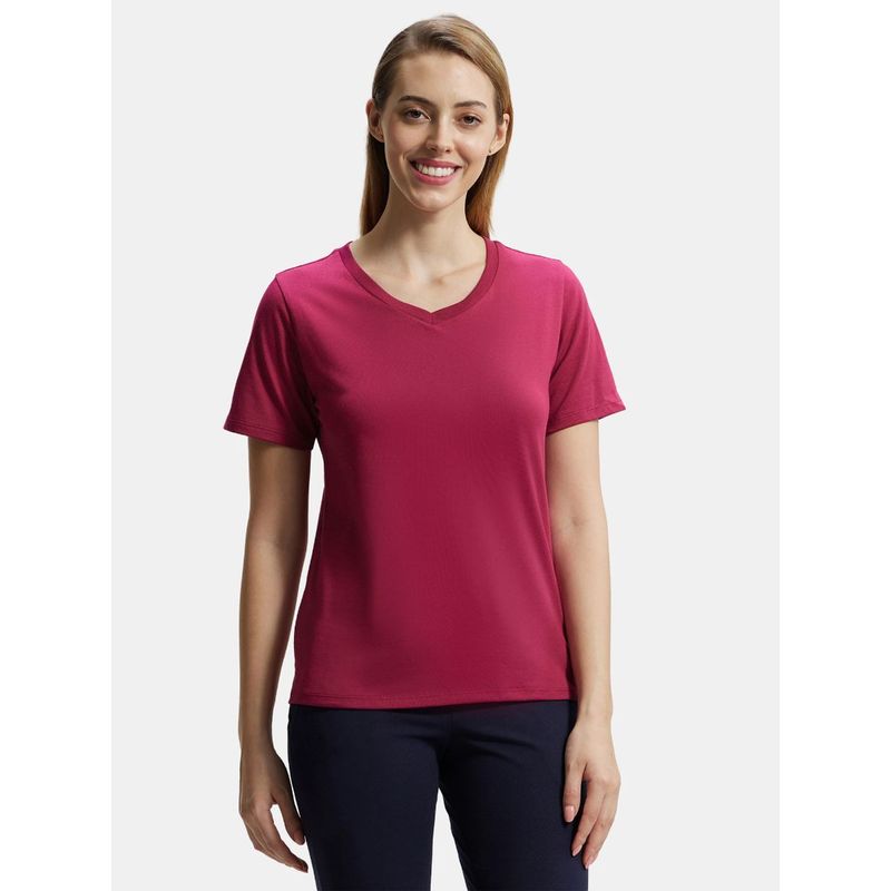 Jockey AW89 Womens Cotton Rich Relaxed Fit V-Neck T-Shirt - Red Plum (L)