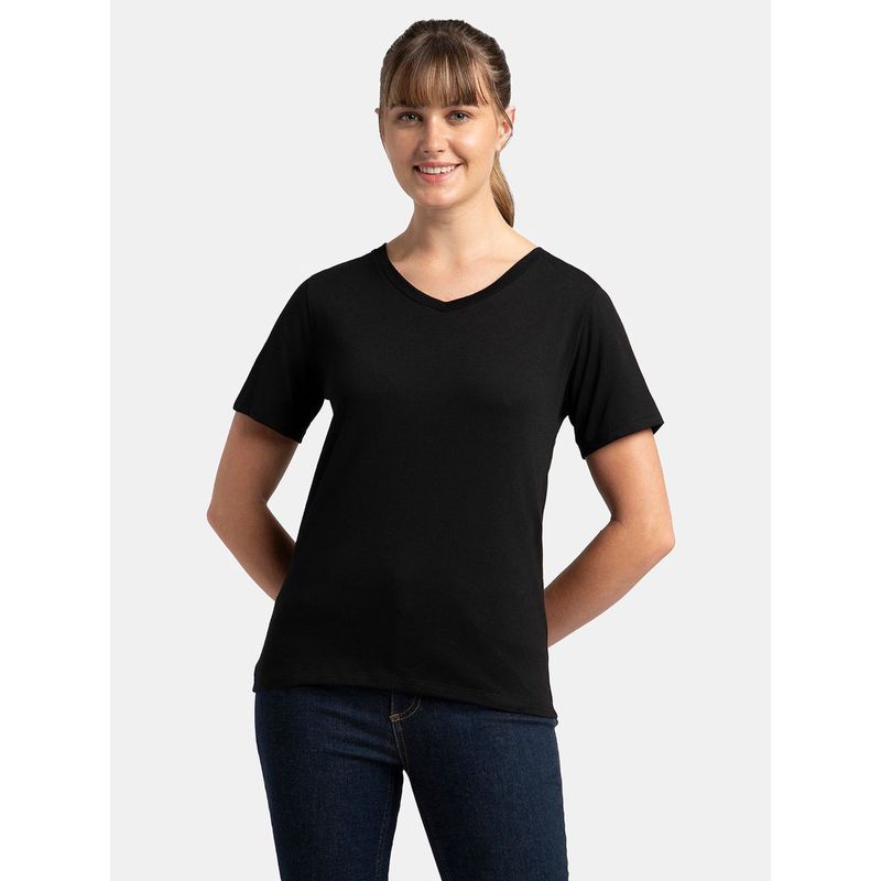 Jockey AW89 Womens Cotton Rich Relaxed Fit V-Neck T-Shirt - Black (XL)