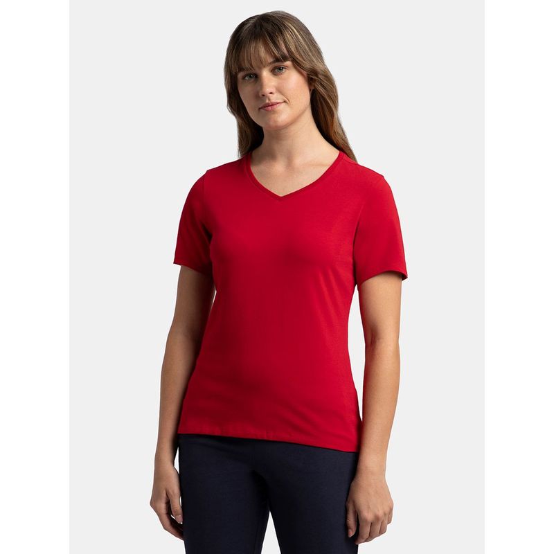 Jockey 1359 Women Super Combed Cotton Elastane Solid V Neck T-Shirt - Jester Red (M)