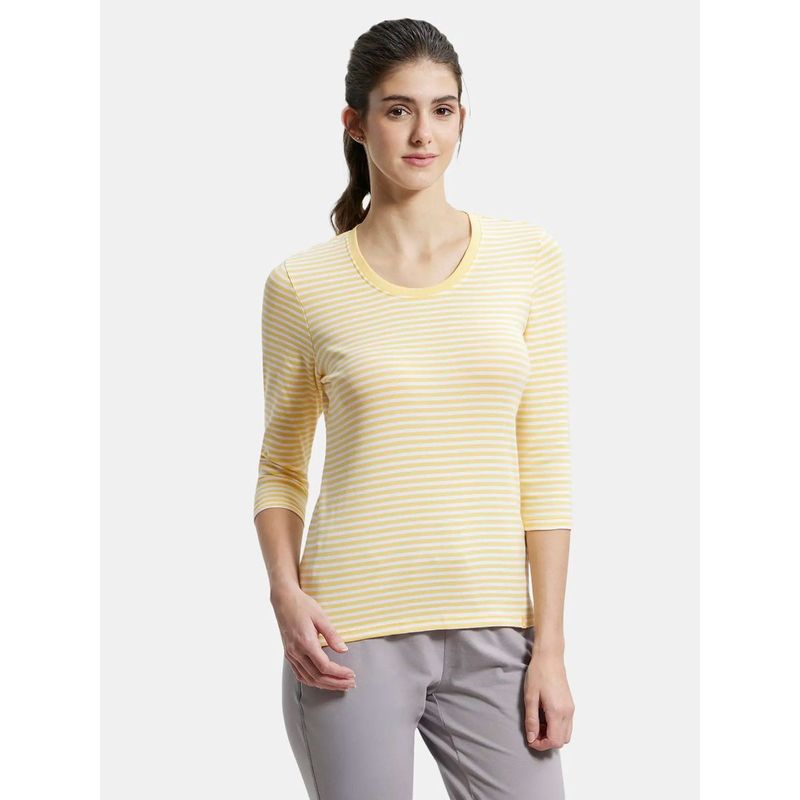 Jockey Banana Cream & White Yarn Dyed Stripe 3/4 Sleeve T-Shirt Style Number-1360 - (L)