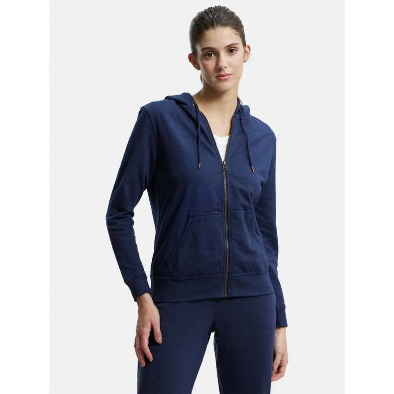 Jockey AW30 Women Super Combed Cotton French Terry Hoodie Jacket - Ink Blue Melange (S)
