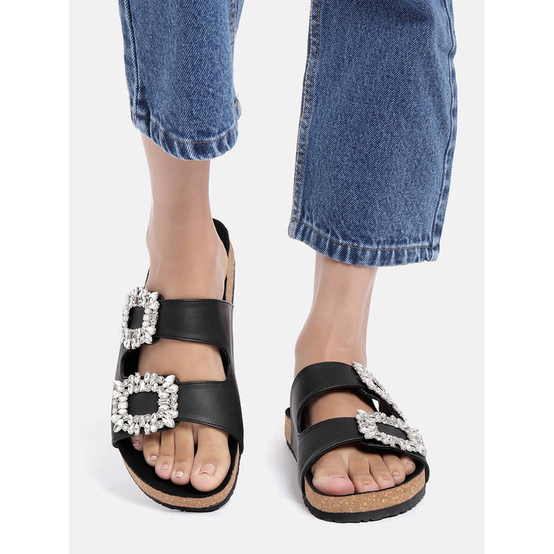 Zori World Nebula - Corkbed Black Buckle Flats (EURO 35)