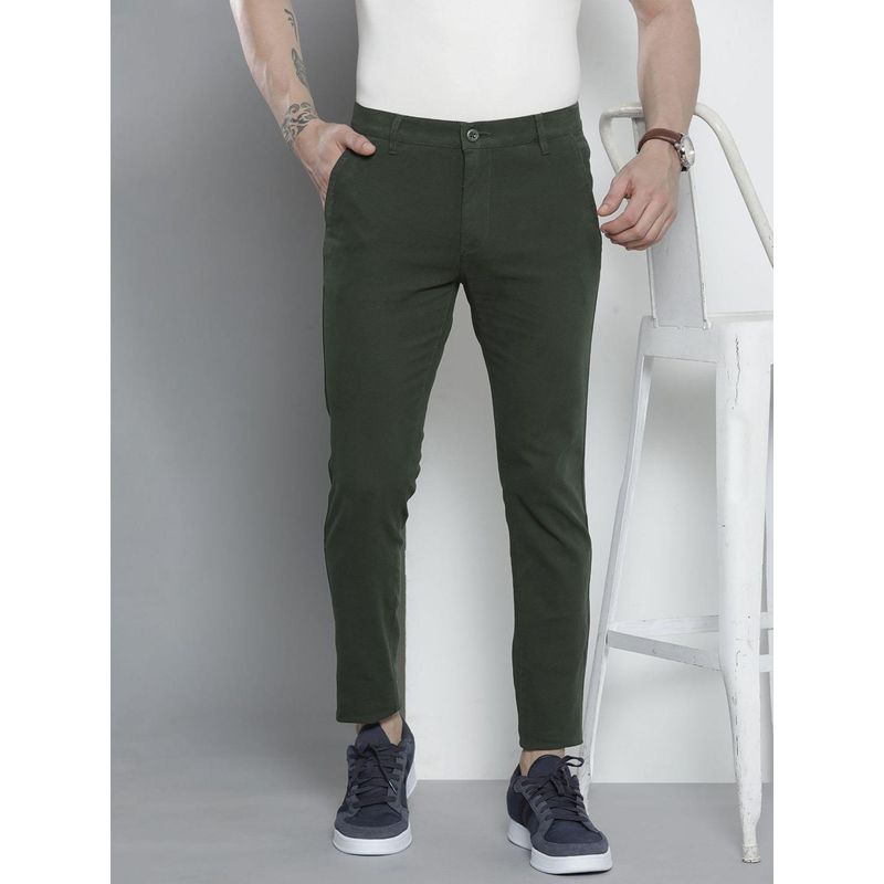 The Indian Garage Co Men Slim Fit Mid-Rise Solid Olive Chinos (36)